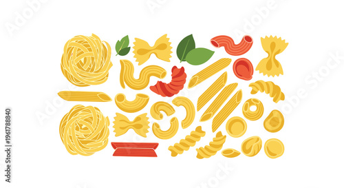 A collection of different types of italian pasta such as farfalle penne and spaghetti arranged neatly on a white background.