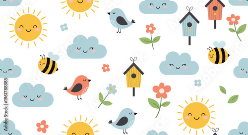 A bright and cheerful seamless spring pattern with cute smiling suns birds bees and clouds perfect for nursery wallpaper.