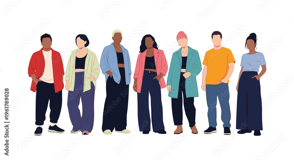 Obraz premium A group of diverse and stylish young people standing together representing modern youth culture and fashion on a white background.
