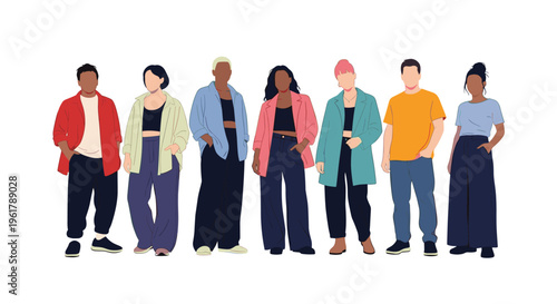 A group of diverse and stylish young people standing together representing modern youth culture and fashion on a white background.