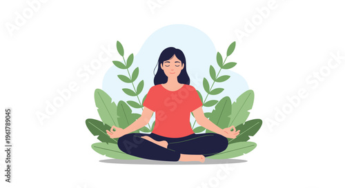 A peaceful woman meditates in the lotus position surrounded by large green leaves promoting wellness and a connection to nature.
