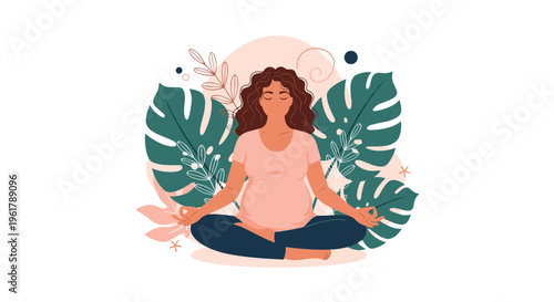 A pregnant woman meditates peacefully in the lotus position surrounded by tropical leaves promoting relaxation during pregnancy.