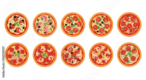 A delicious set of ten different pizzas with various toppings like pepperoni mushrooms and seafood viewed from the top down.