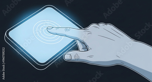 Hand Interacting with a Glowing Touchscreen Device in Digital Art.