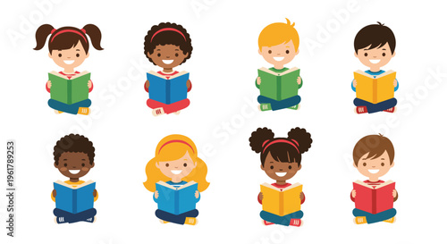A diverse set of eight happy children sitting cross-legged on the floor while enthusiastically reading their colorful books.