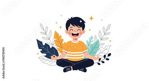 A happy young boy meditates in the lotus position surrounded by decorative leaves finding peace and mindfulness in a calm state.