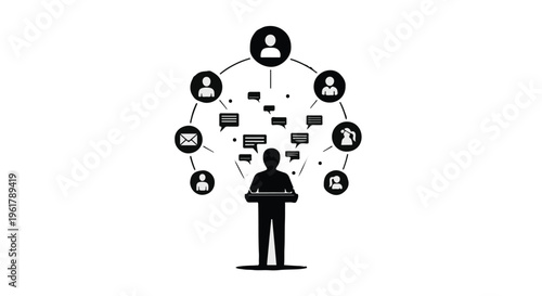 Person at center of diverse communication network with icons representing connection and information exchange.