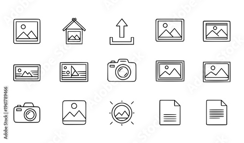 Outline picture and media icon set image gallery camera and upload symbols vector collection isolated on white background