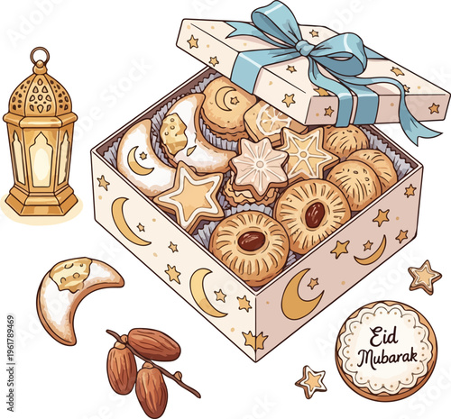 Eid Mubarak Gift Box with Traditional Cookies, Dates, and Lantern Illustration