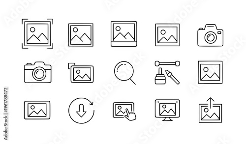 Minimal picture line icon set image and media outline symbols vector illustration isolated on white background