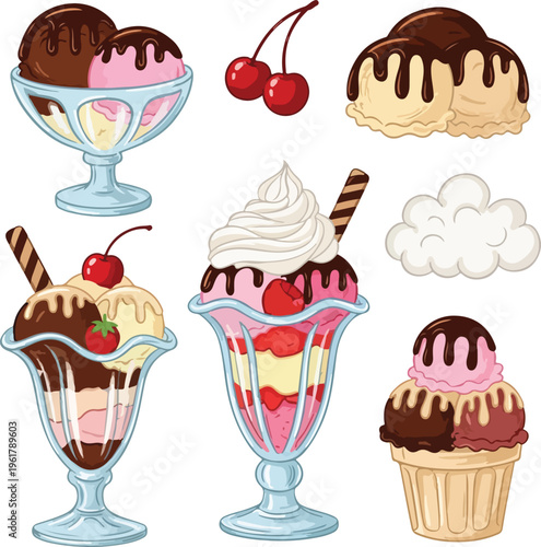 Set of Delicious Ice Cream Sundaes with Chocolate Sauce, Whipped Cream and Cherries Isolated on White Background