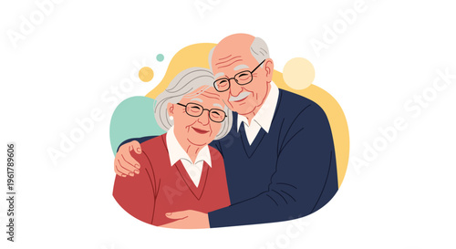 A loving and happy elderly couple is shown hugging each other with gentle smiles in a heartwarming portrait against an abstract background.