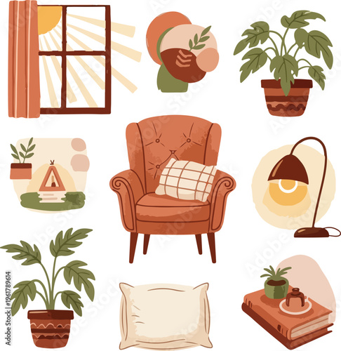 Cozy Boho Interior Elements Set with Houseplants and Home Decor Illustration