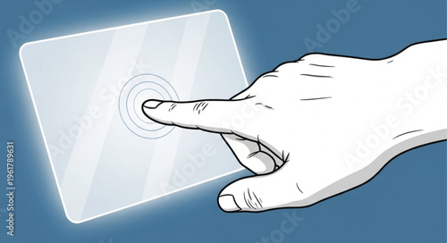 Finger touching a transparent touchscreen interface with glowing edges.