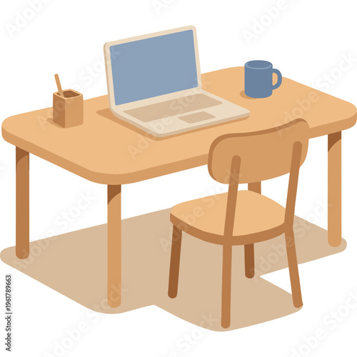 A person works on a laptop at a wooden desk with chair and mug