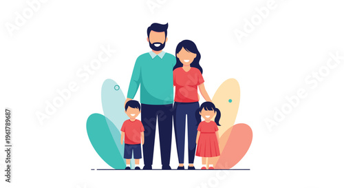 Happy family of four with a mother father son and daughter standing together and smiling in a modern flat vector illustration.