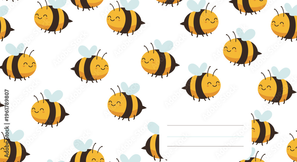 Obraz premium Seamless pattern of cute smiling bumblebees on a white background with a blank label for text perfect for a kids notebook.