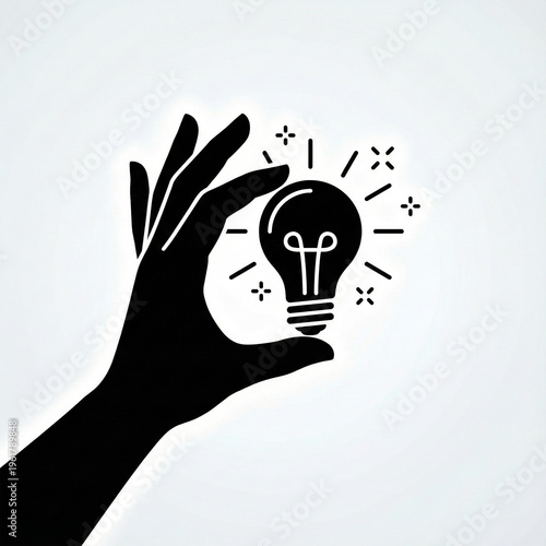 A hand reaching out to grasp a glowing light bulb icon, representing a bright idea sign icon copy