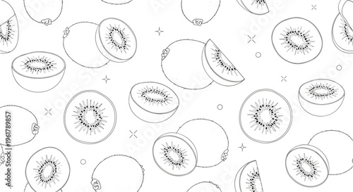 Seamless black and white line art pattern of kiwi fruits showing whole half and sliced kiwis for coloring or backgrounds.