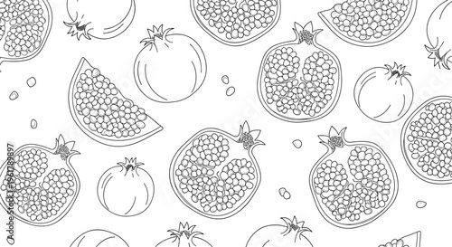 Seamless black and white line art pattern of pomegranate fruits with whole halved and sliced views perfect for backgrounds.