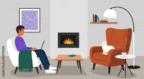 Person sitting on a chair working on a laptop with a cat on another chair in front of a fireplace in a cozy living room interior.