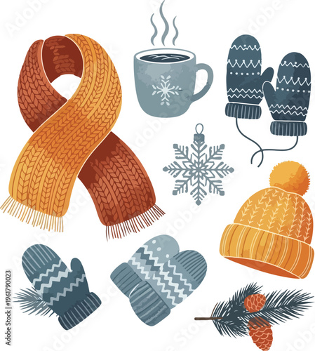Winter Cozy Elements Set with Knitted Scarf, Mittens, Beanie, and Hot Coffee Mug for Hygge Concept