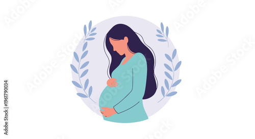 Gentle illustration of a beautiful pregnant woman with long dark hair lovingly cradling her belly inside a circular frame.