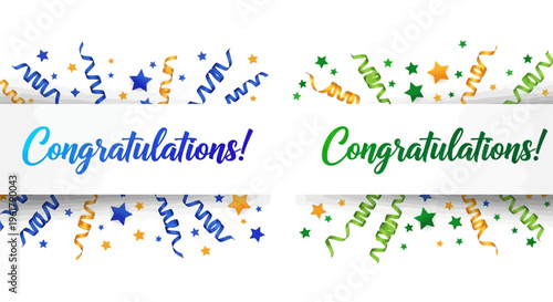 A celebratory scene with colorful confetti and Congratulations banners