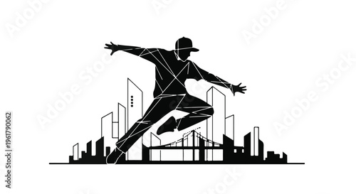 Dynamic silhouette of a dancer mid-leap against an urban skyline, conveying energy and movement.