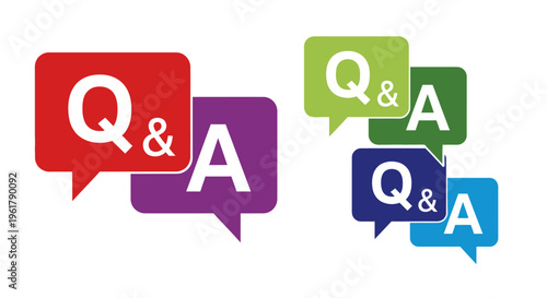 Colorful speech bubbles display Q&A icons in vibrant colors and shapes