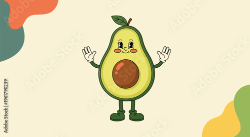 Cheerful retro cartoon avocado character with a happy face and gloved hands waving in a vintage 1930s animation style.