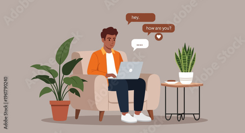Man sitting on a couch with a laptop and plants nearby chatting