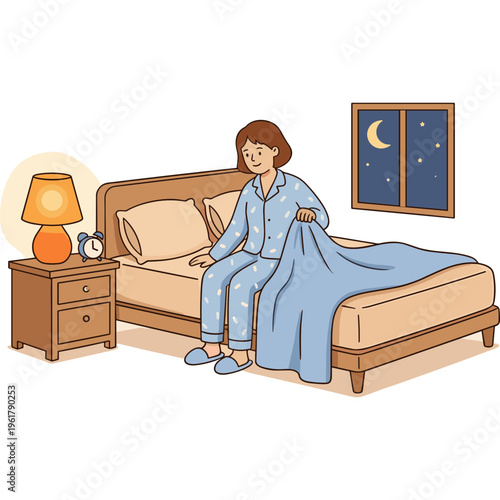 Woman sitting on bed with blanket in a cozy bedroom at night