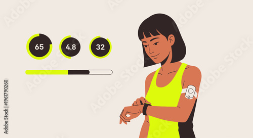 Woman checks fitness tracker on wrist with health metrics displayed nearby