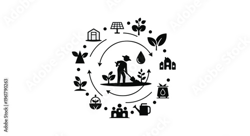 Farmer tending to plants in a circular diagram of sustainable agriculture and renewable energy.