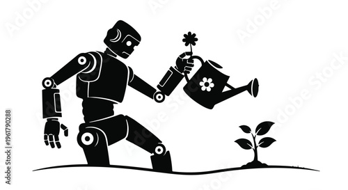 Robot nurturing a young plant, symbolizing growth and future.