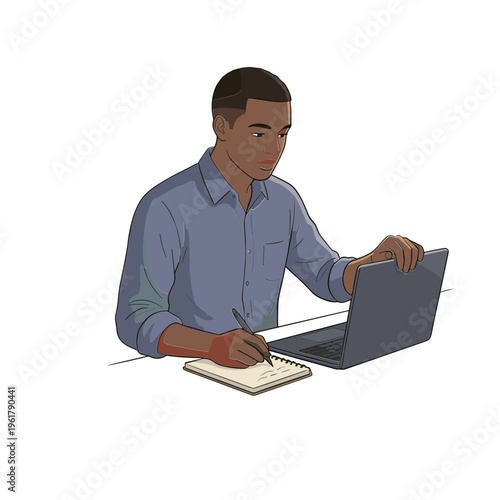 Man sitting at desk working on laptop and writing in notebook