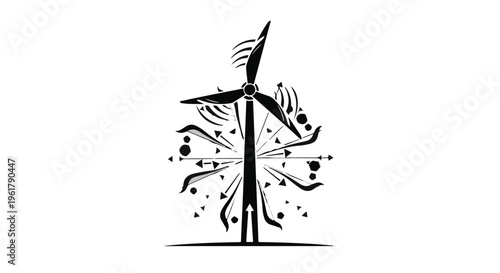 Stylized illustration of a wind turbine generating clean energy with radiating abstract shapes.