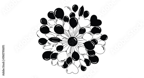 Festive burst of black and white balloons creating a celebratory abstract shape