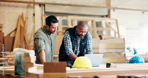Obraz na plátně Carpentry, people or reading with laptop in workshop, manufacturing timeline or material cost research