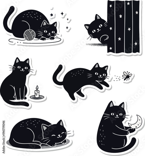 Set of Cute Black Cat Stickers with Mystical Witchy Elements, Magic Moon, Stars, and Candle Icons in Flat Hand-Drawn Style