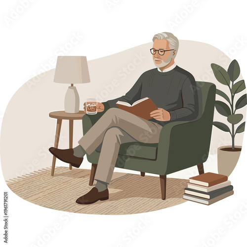 An elderly man sits in a green armchair reading a book indoors with a cup on a side table.