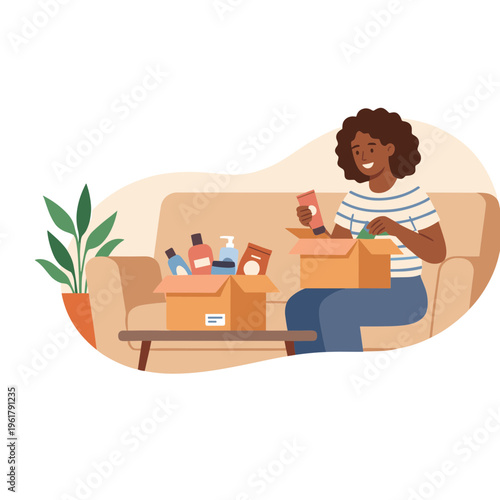 A woman unboxes groceries while sitting on a couch at home.