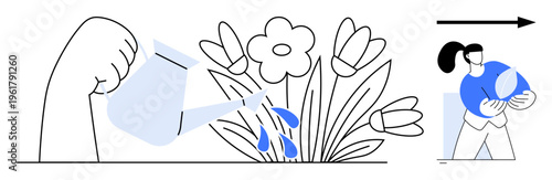 Gardening, sustainability, growth, personal development, environmental care, nature appreciation. A hand watering flowers with droplets and a person holding a plant. Gardening and growth concept