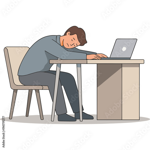 Man falls asleep at desk with laptop in front of him indoors
