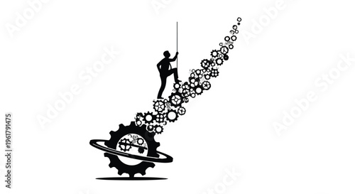 Silhouette of person climbing a gear pathway towards success and innovation