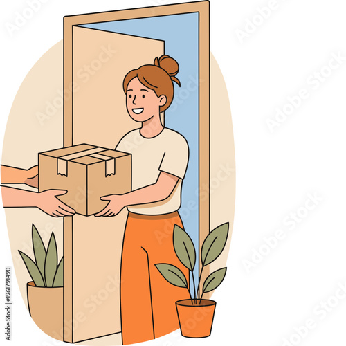Woman receives package from person through doorway with plants