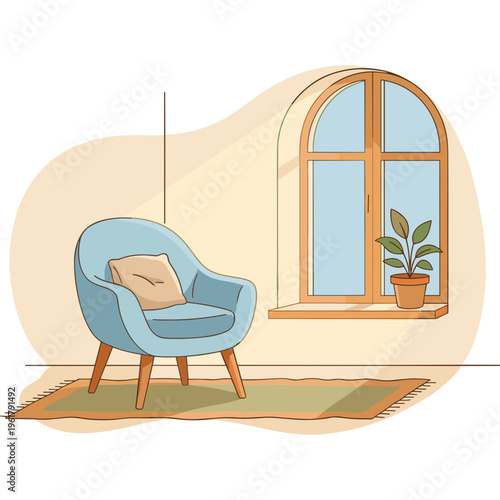 A blue chair sits beside a window with a plant on the sill indoors.