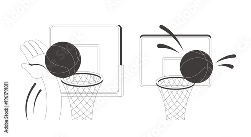 Funky slam dunk and missing hoop clean flash message illustration set. Basketball score. Athletic play. Mobile app UI states. Error success. Micro UX done failure. Black and white line vector concepts