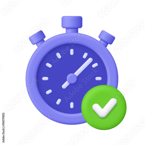 Purple stopwatch with white check mark on green badge. Time completion, deadline met, fast delivery, time approval and productivity concept. 3d vector icon. Cartoon minimal style.